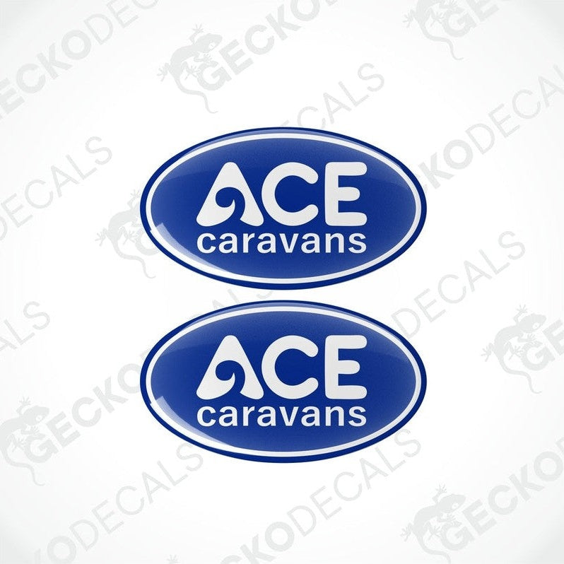 Blue ACE Caravans epoxy resin dome sticker set with polyurethane coating