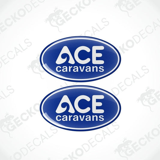 Blue ACE Caravans epoxy resin dome sticker set with polyurethane coating
