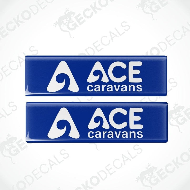 Set of two blue ACE Caravans vinyl decals with glossy domed coating