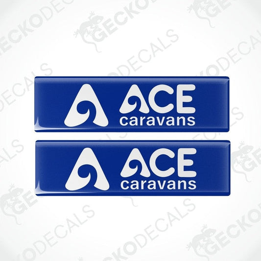 Set of two blue ACE Caravans vinyl decals with glossy domed coating