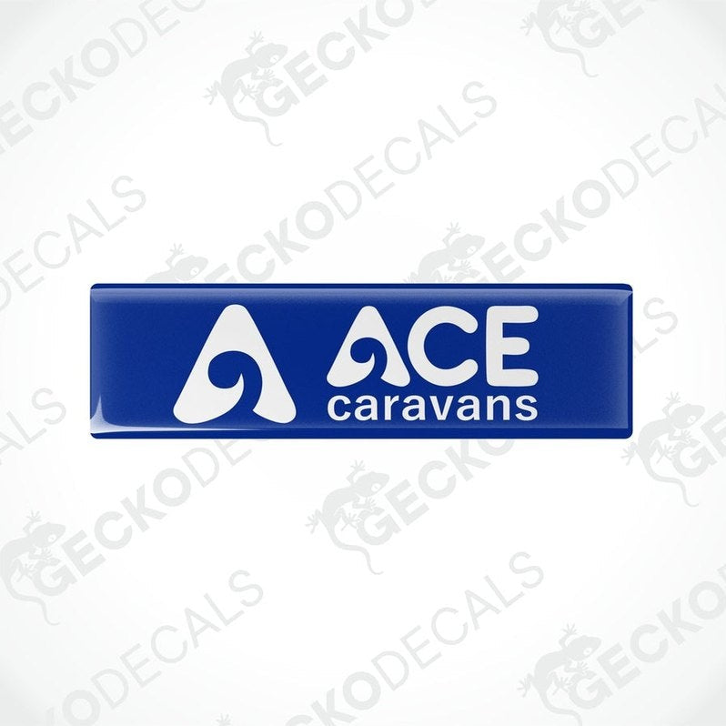 Blue ACE Caravans epoxy resin decal with domed finish and white logo