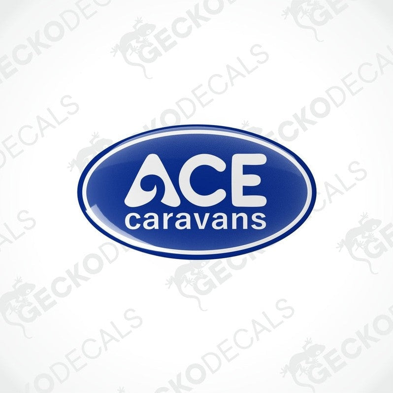Single blue ACE Caravans domed vinyl decal with glossy epoxy finish