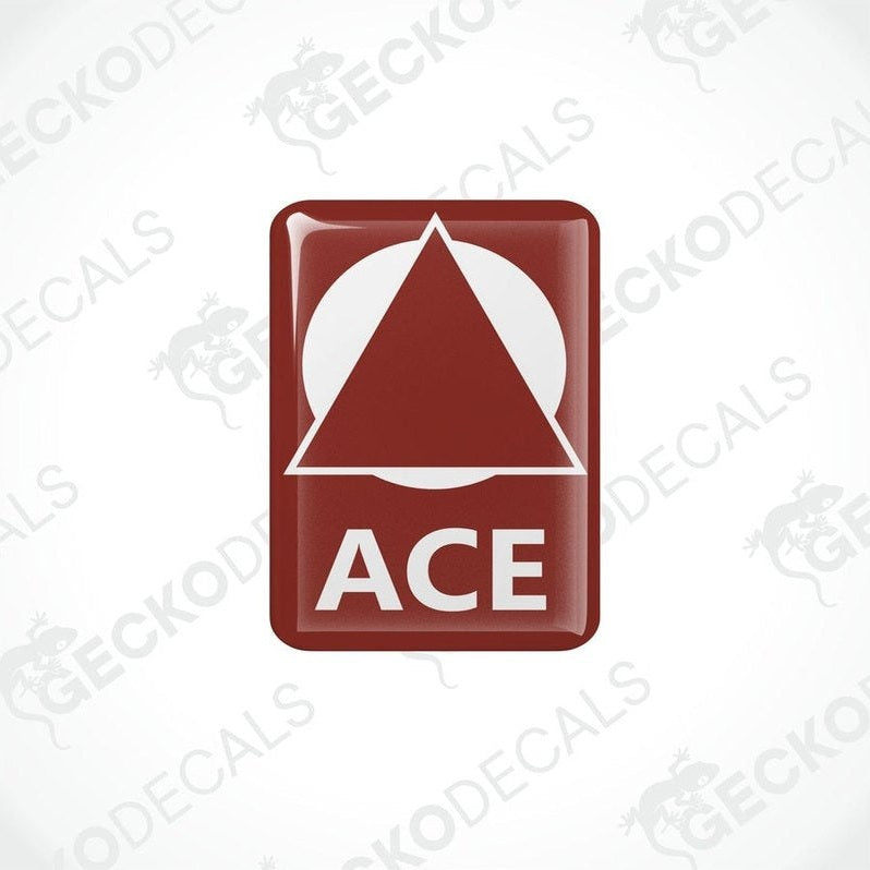 Red ACE Caravan epoxy decal with white triangle logo and domed polyurethane finish