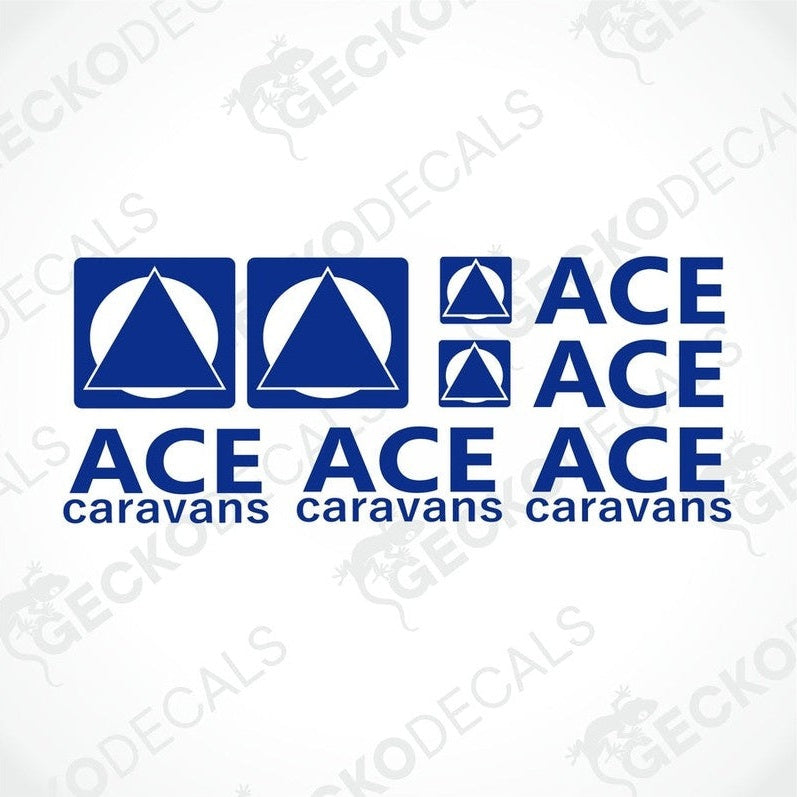 ACE Caravans die-cut sticker set with blue logo graphics and text on white background