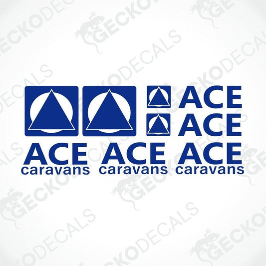 ACE Caravans die-cut sticker set with blue logo graphics and text on white background
