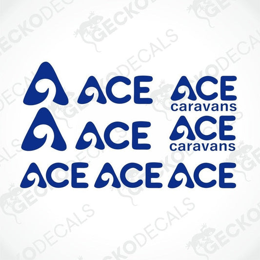 Navy blue ACE Caravans die-cut sticker set with three sizes for caravan interior and exterior decoration