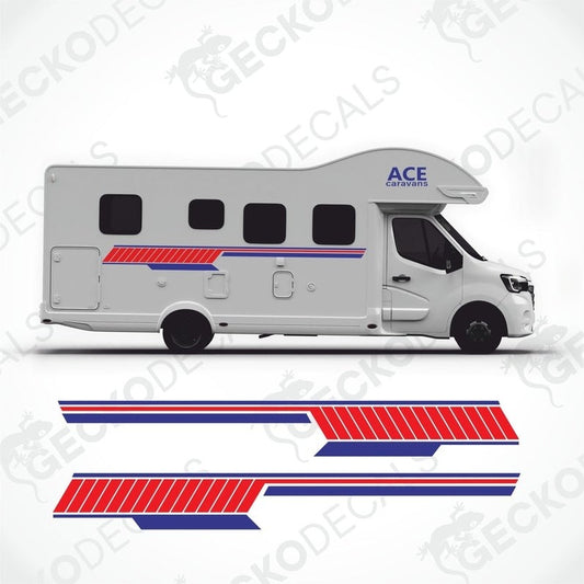 ACE Caravans red and blue striped side decals applied to white motorhome exterior