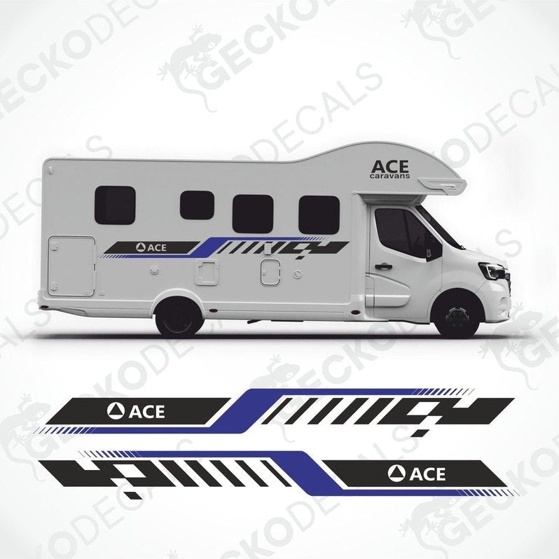Black blue ACE caravan decals applied to white motorhome side profile