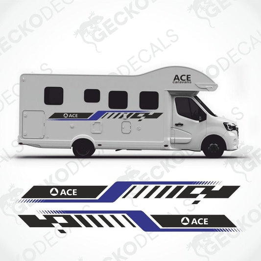 Black blue ACE caravan decals applied to white motorhome side profile