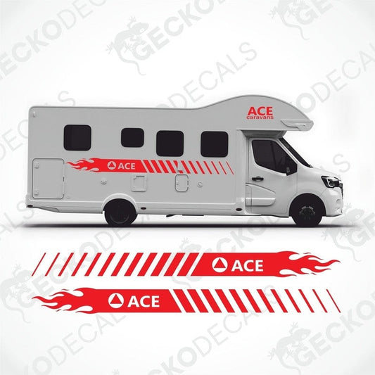 Red ACE Caravan side decals with flame and logo design applied to white caravan exterior