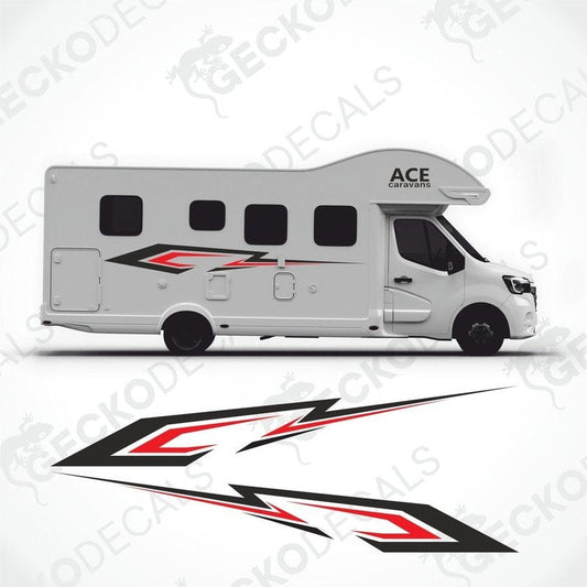 ACE Caravans side decals on white motorhome with black red angular graphics