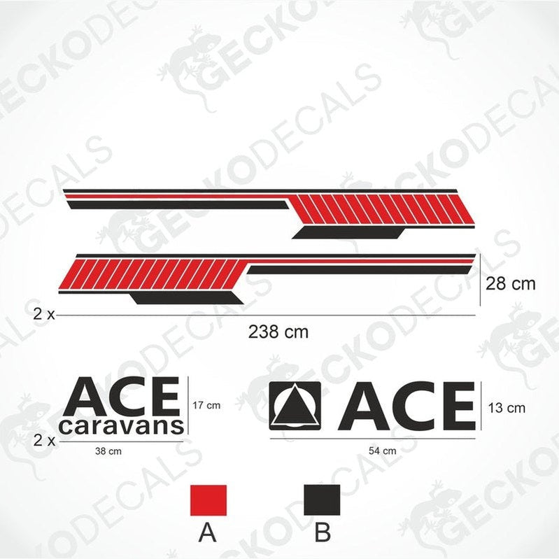 ACE Caravans decal set technical diagram with dimensions for caravan side stripes and logos