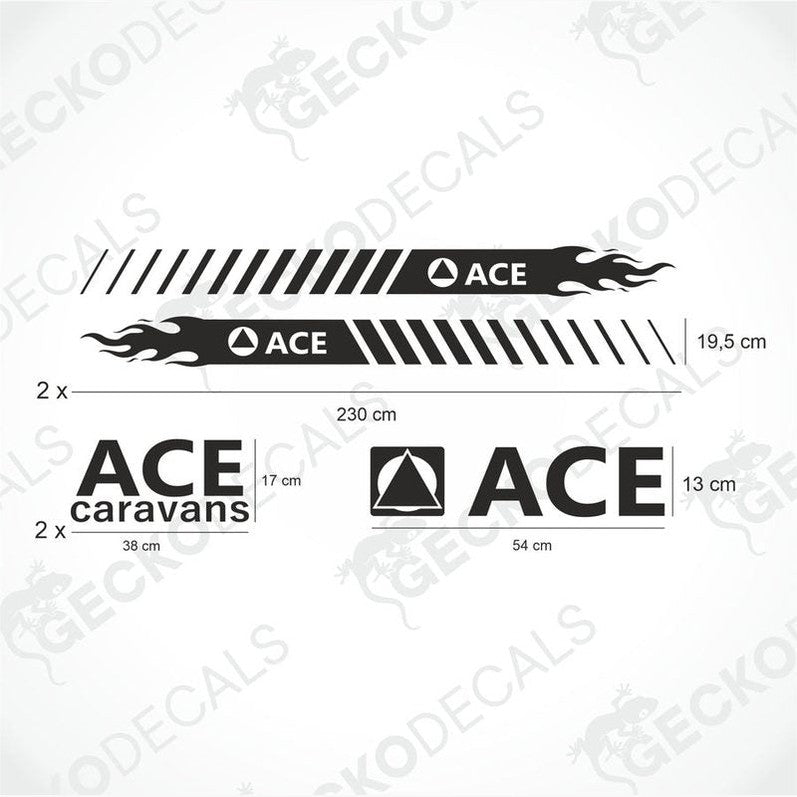 Black ACE Caravan die-cut sticker set including side stripes, logos and text on transfer paper