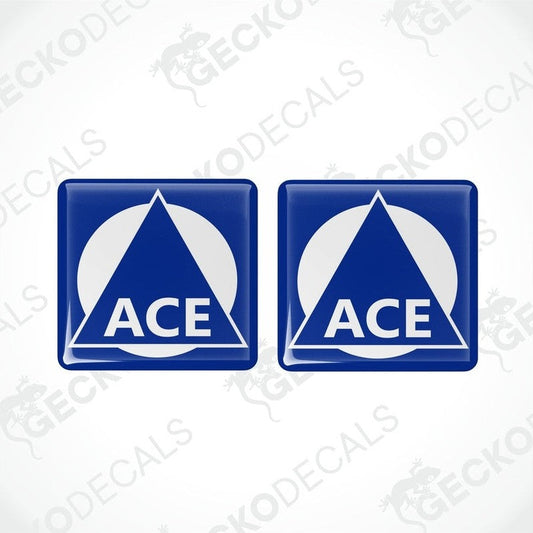 Blue ACE epoxy resin caravan decal set with domed polyurethane finish