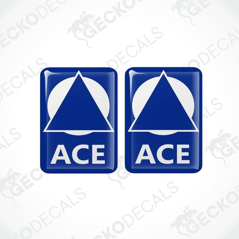 Set of two blue ACE caravan vinyl decals featuring domed epoxy coating and white graphics
