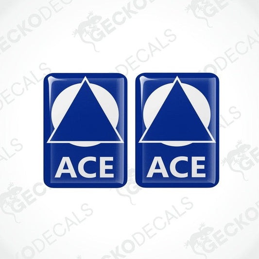 Set of two blue ACE caravan vinyl decals featuring domed epoxy coating and white graphics