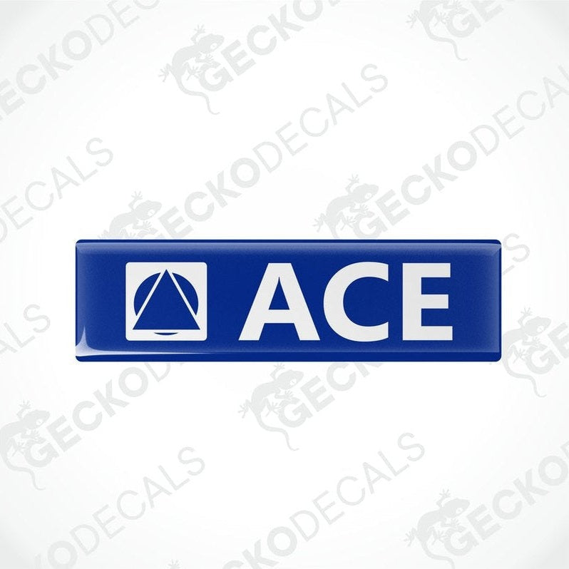 Blue ACE epoxy resin decal with domed finish and white logo