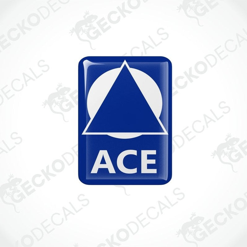 Blue ACE epoxy resin decal with white triangle logo and domed polyurethane finish
