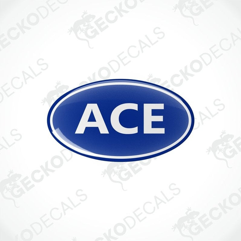 Blue ACE epoxy resin dome decal with white border
