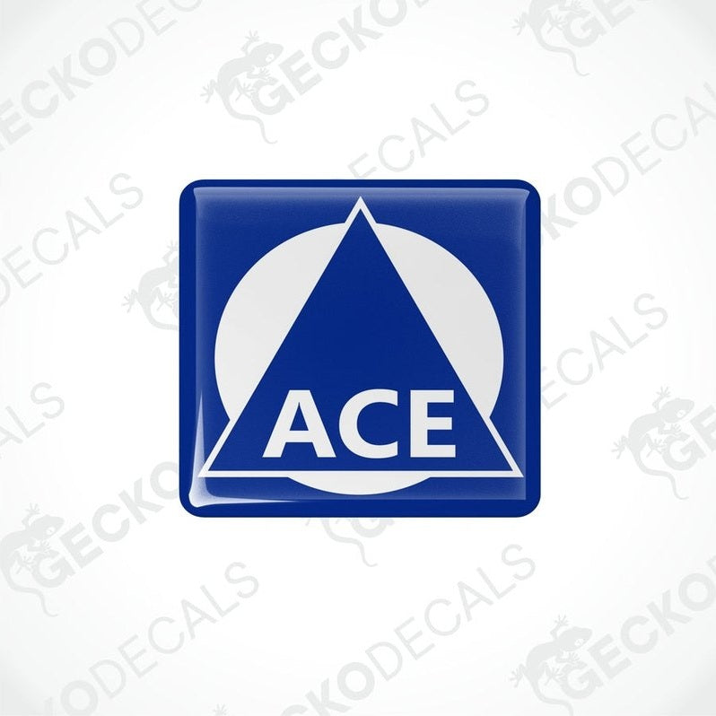Single blue ACE vinyl decal with white triangle logo and glossy dome coating
