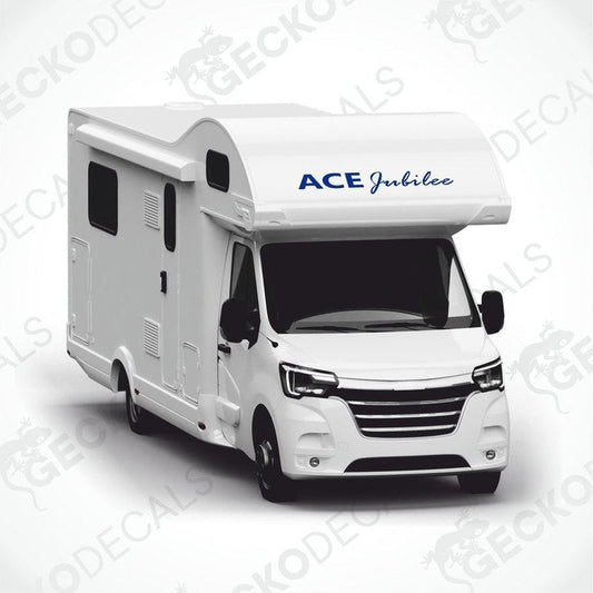 Blue ACE Jubilee caravan roof decal applied to motorhome front three-quarter view