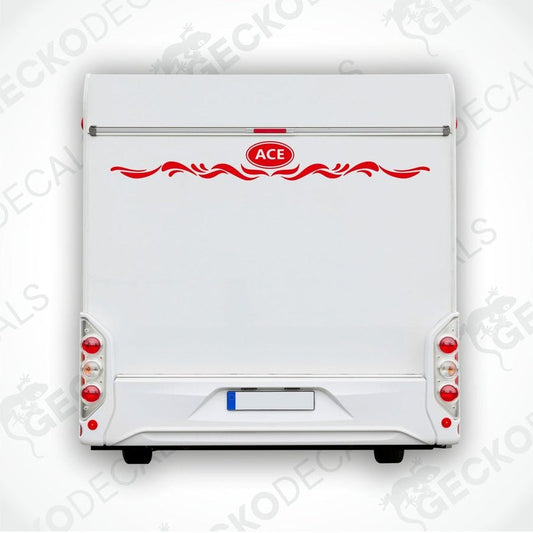 Red ACE caravan rear decal with ornamental scrollwork applied to white trailer