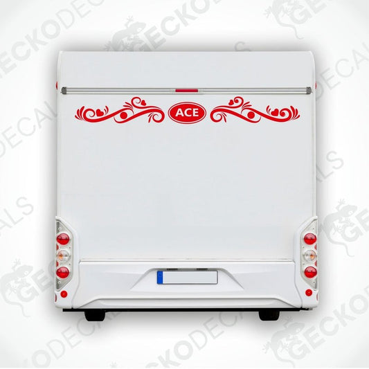Red ACE caravan rear door decal with scrollwork applied to white vehicle