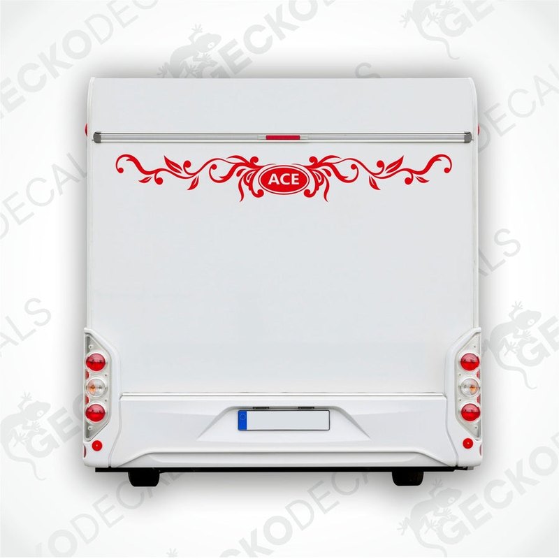 Red ACE caravan rear decal with ornate scrollwork and leaf motifs applied to white vehicle