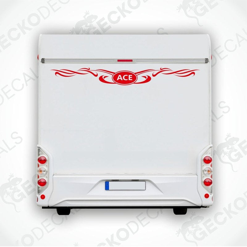 Red ACE caravan decal with flame swirls applied to white rear door