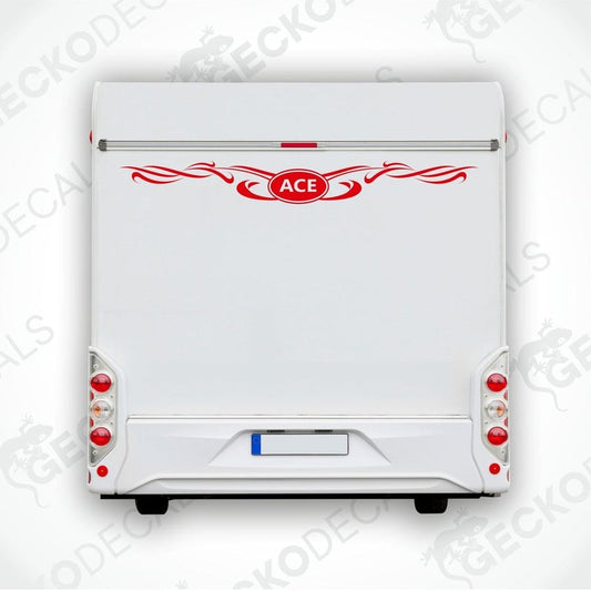 Red ACE caravan decal with flame swirls applied to white rear door