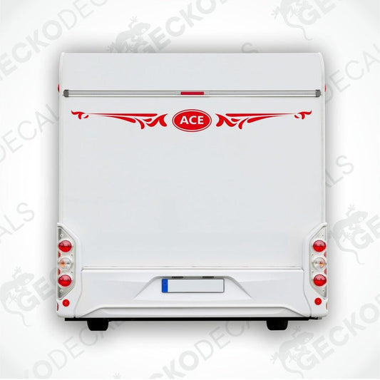 Red ACE caravan rear decal with ornate scrollwork applied to white vehicle