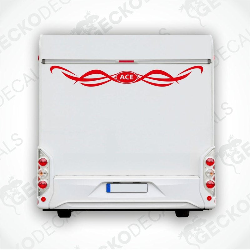 Red ACE caravan rear decal applied to RV back door with interwoven ribbon design