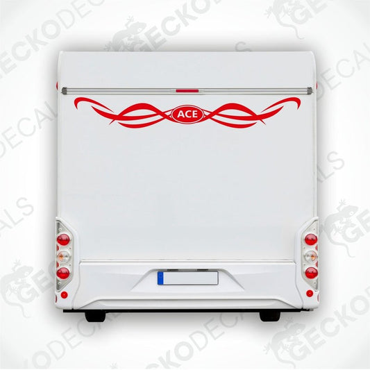 Red ACE caravan rear decal applied to RV back door with interwoven ribbon design