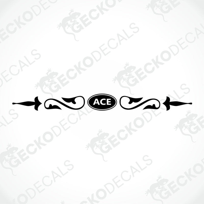 Black ACE caravan decal with ornamental scrollwork on transfer paper