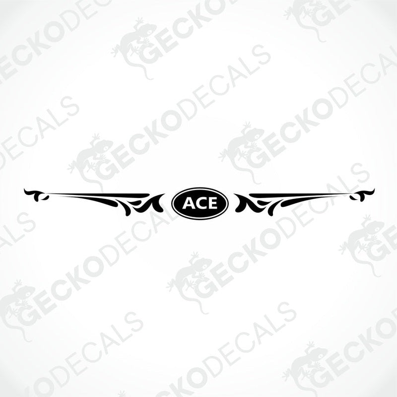 Black and white ACE die-cut sticker flat lay with decorative scroll design