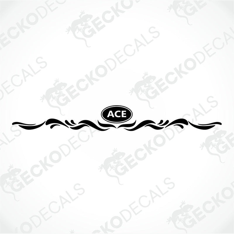 Black ACE die-cut caravan sticker with symmetrical scroll design on transfer paper