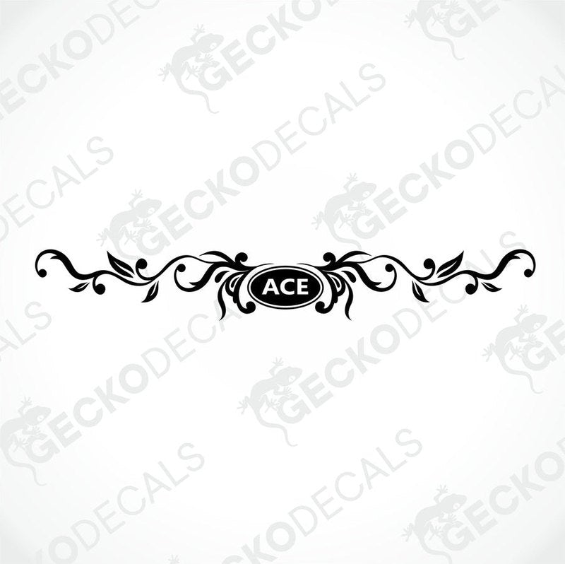 Black ACE die-cut decorative sticker featuring symmetrical scrollwork on transfer paper