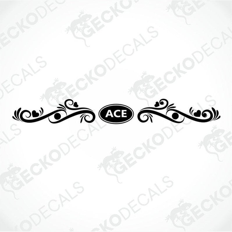 Black ACE caravan decal with ornate scrollwork and hearts on white background