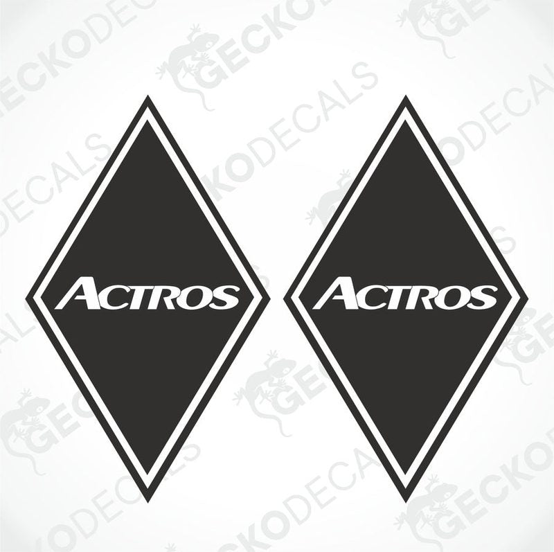 Two black triangular decals with the word 'ACTROS' written in white, placed against a white background with a GeckoDecals watermark.