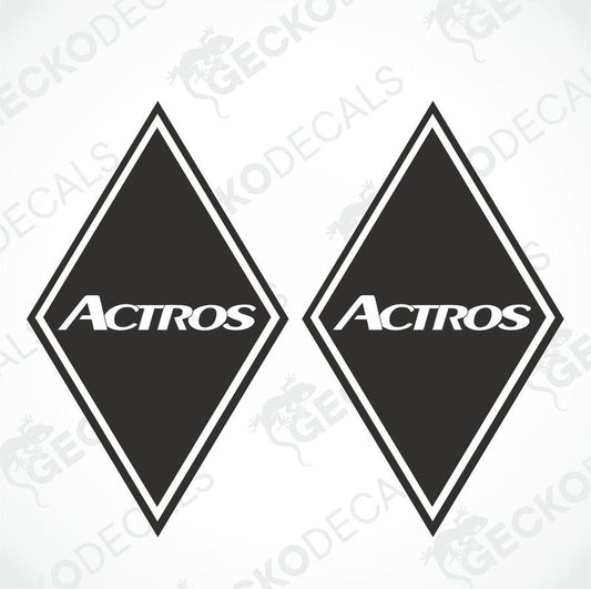 Two black triangular decals with the word 'ACTROS' written in white, placed against a white background with a GeckoDecals watermark.
