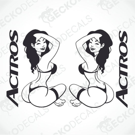 Two black and white sticker designs featuring a stylized female character with the text 'Actros' beside her, intended for use as decals on vehicles or other surfaces.