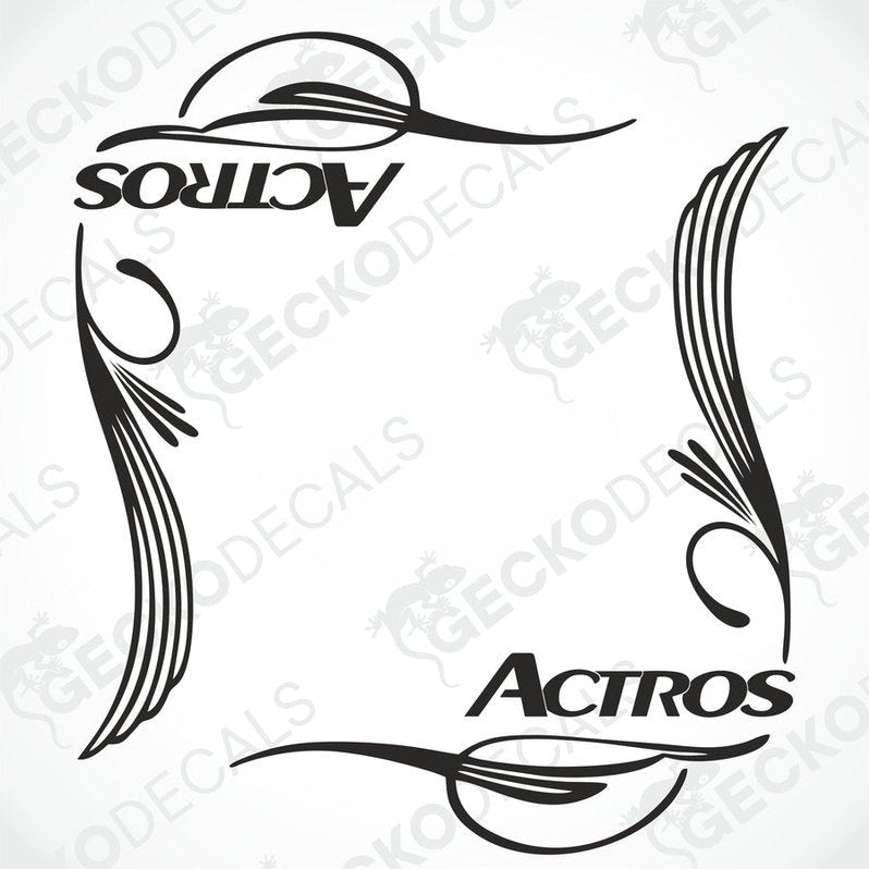 A pair of black side window decals for an Actros truck, designed with decorative elements and text.