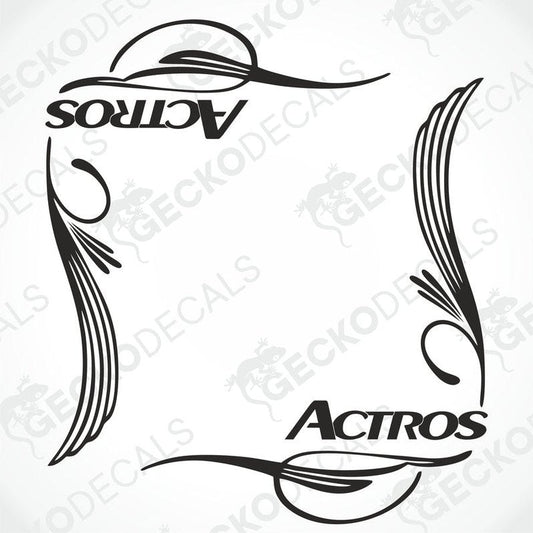 A pair of black side window decals for an Actros truck, designed with decorative elements and text.