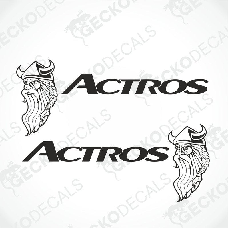 Two black and white vehicle decals featuring a Viking helmet design with the text 'Actros' on them, intended for use on the exterior of vehicles.