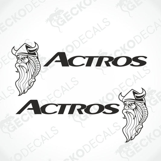 Two black and white vehicle decals featuring a Viking helmet design with the text 'Actros' on them, intended for use on the exterior of vehicles.