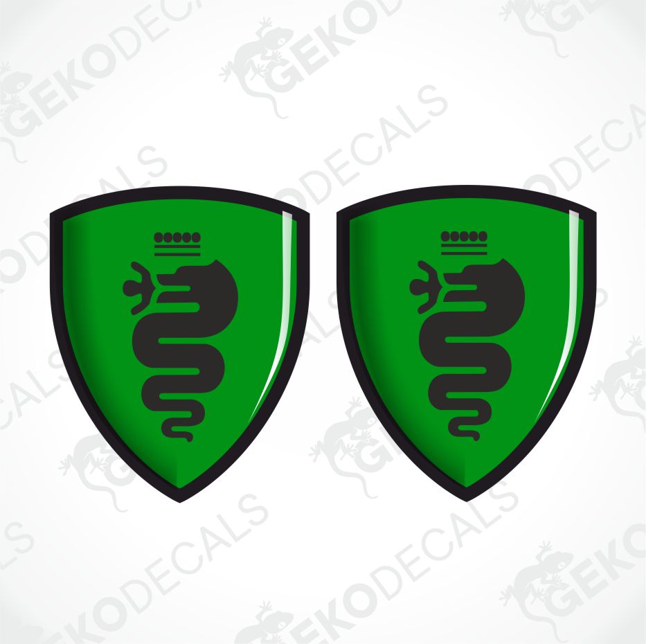 Two identical green shield-shaped decals with black borders and a black coiled snake emblem, shown side by side on a light gray background with faint GEKODECALS watermarks.