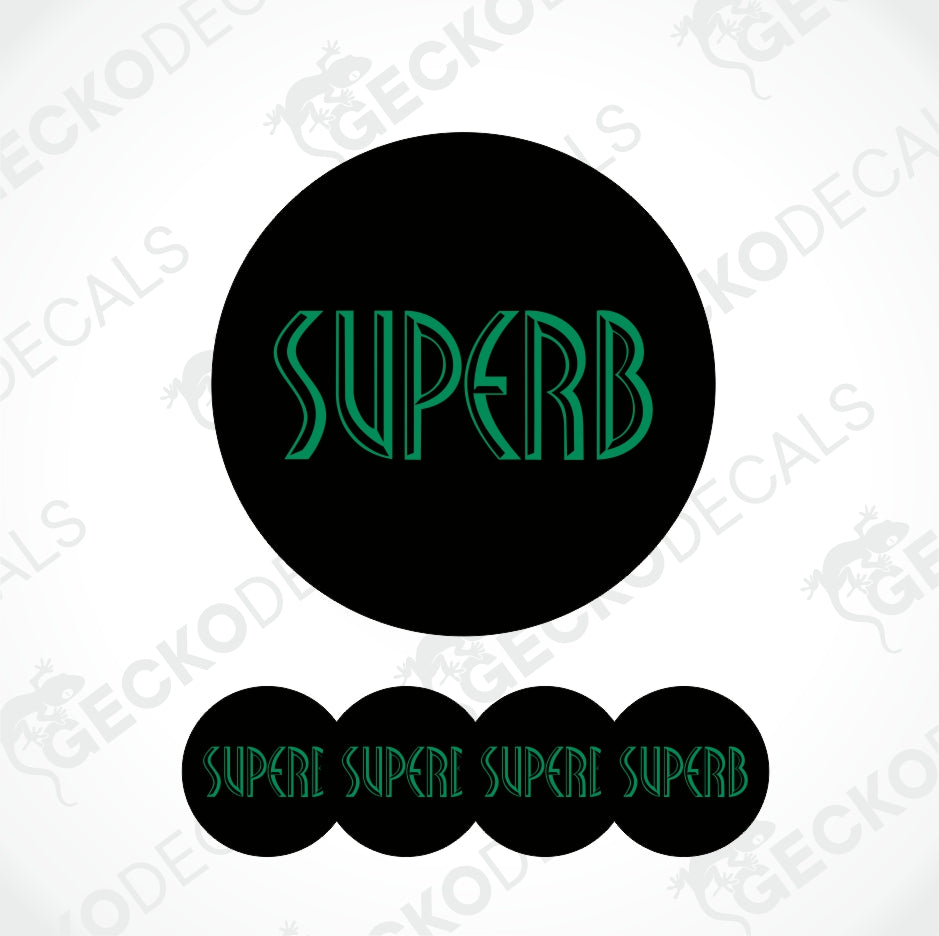 Green 'SUPERB' text on black circles with GECKODECALS watermark.