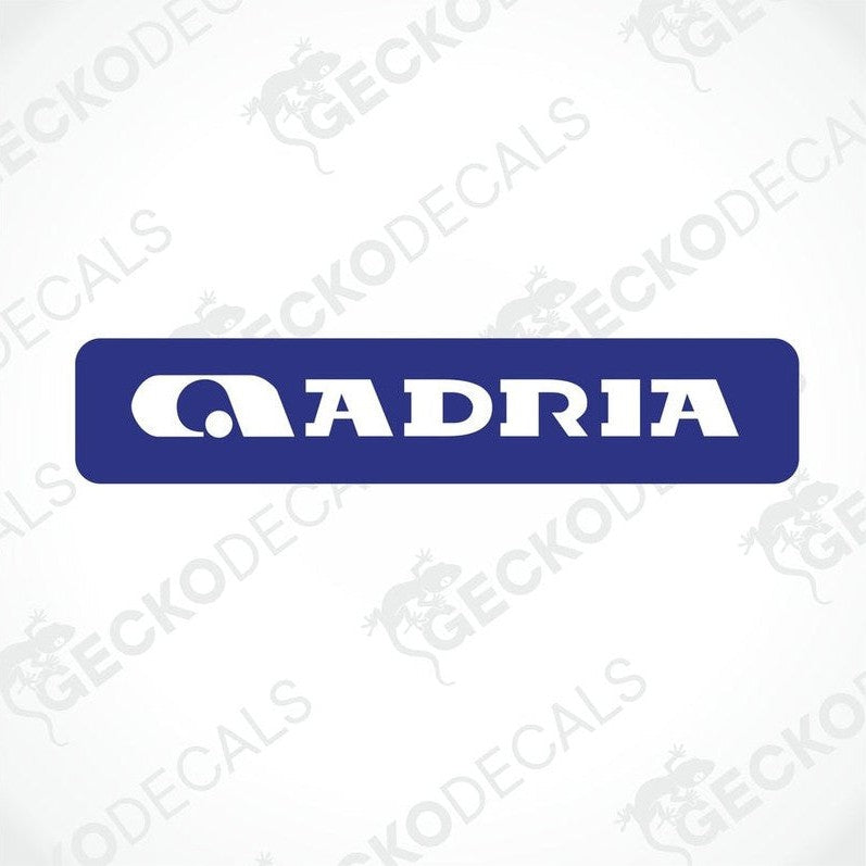 Dark blue ADRIA caravan decorative sticker with white bold text and rounded corners