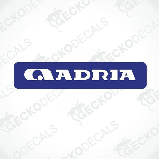 Dark blue ADRIA caravan decorative sticker with white bold text and rounded corners