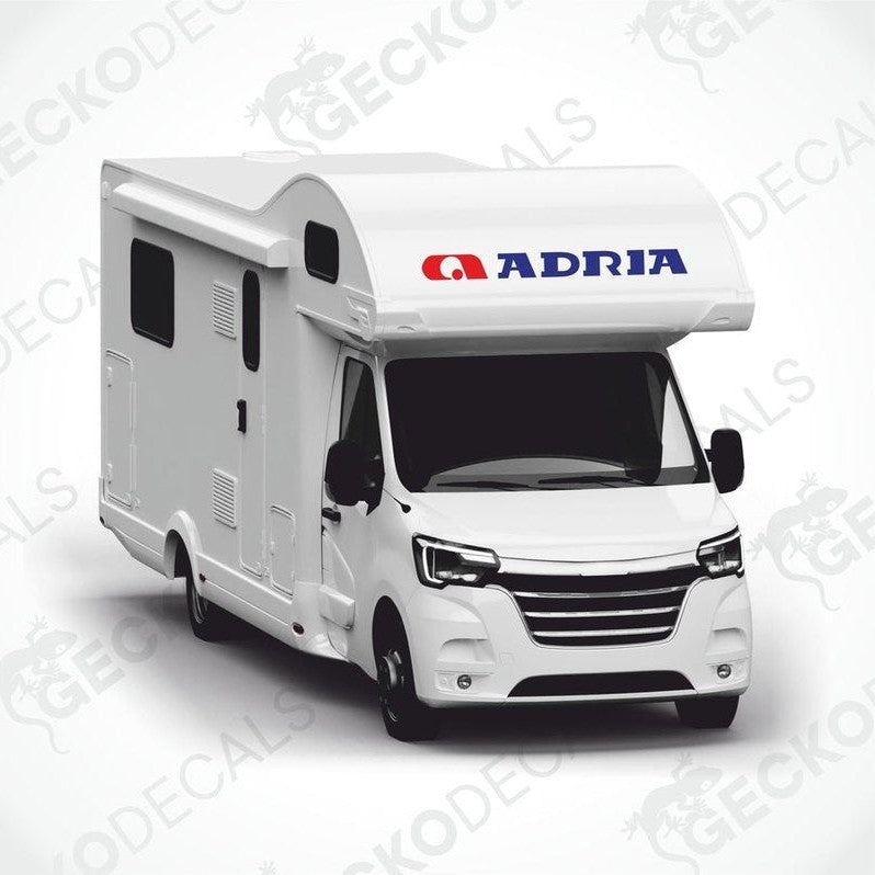 Adria caravan die-cut sticker applied to motorhome side with red A logo